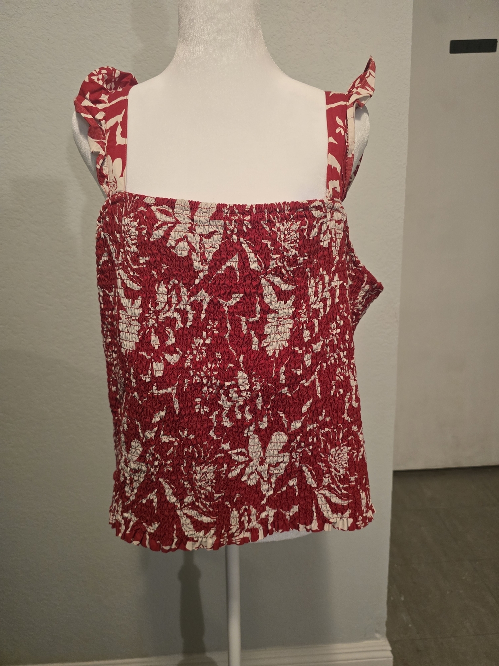 Old Navy Red and White Floral Smocked Tie-Strap Camisole
